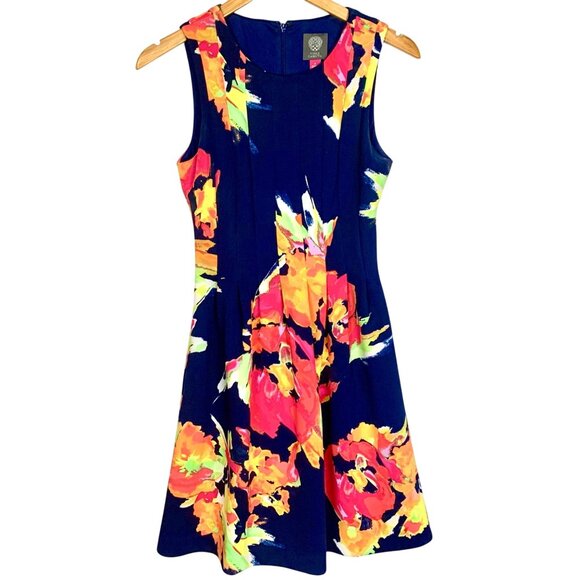 Vince Camuto Navy Floral Garden Party Sleeveless Fit & Flare Dress Back Zip - Picture 1 of 10